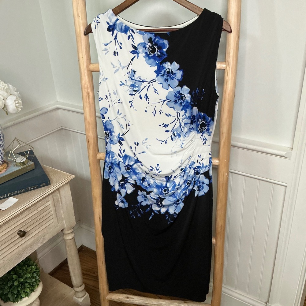 Lauren Ralph Lauren Blue‎ Floral Ruched Sheath Dress Sz 12 Black White Boat Neck